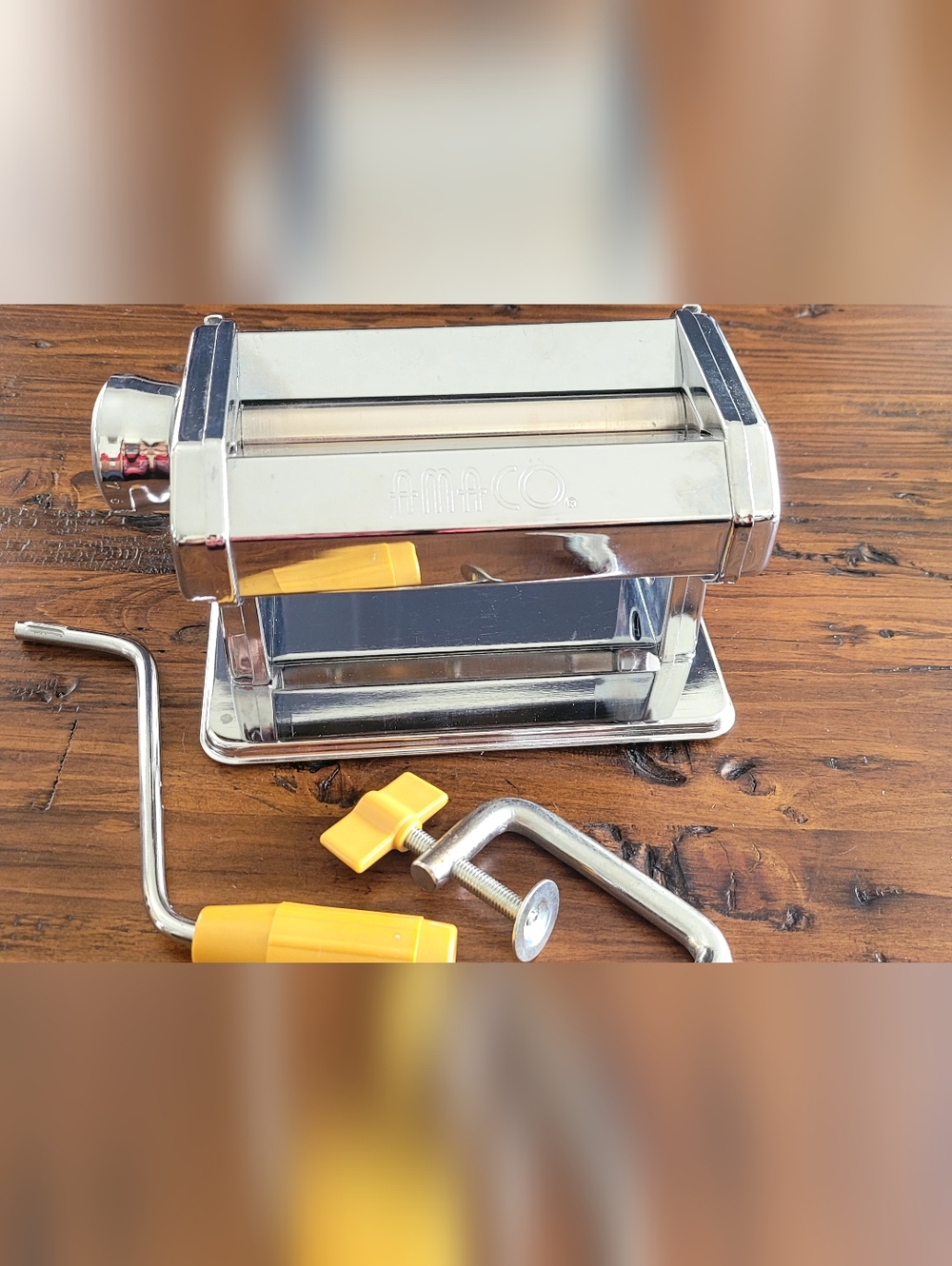 Kitchen Stainless Steel Pasta Maker - Chrome with Yellow Handles